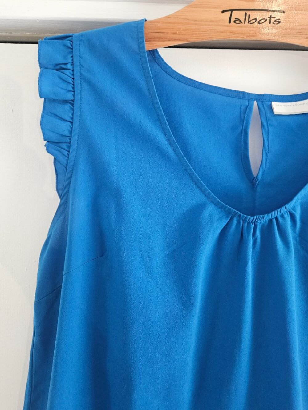 New York & Company Royal Blue Ruffle Cap Sleeve Blouse - Picture 4 of 8